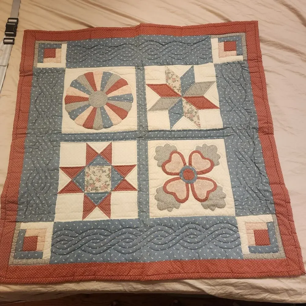 Vintage Stars, Squares & Circles Antique Quilt Blue Pink Red Baby Blanket 40x40